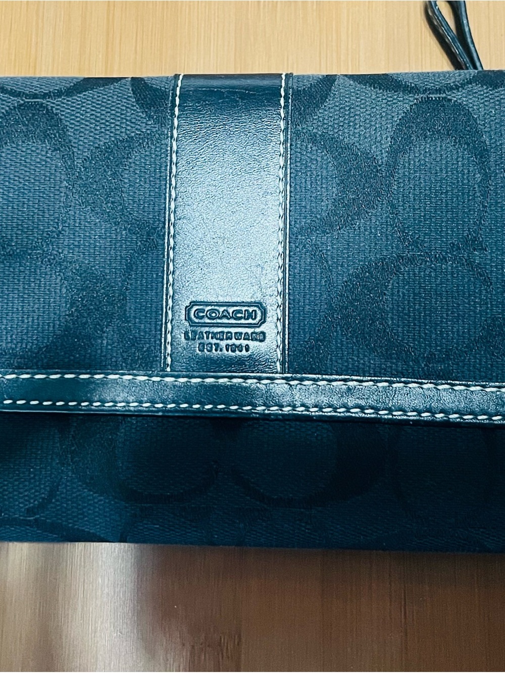 Coach Tri-Fold Black Signature Canvas Wallet with Leather Trim